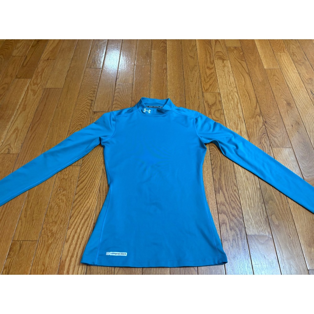 Under Armour Womens ColdGear Mock Neck Long Sleeve Fitted Top Teal Blue Medium